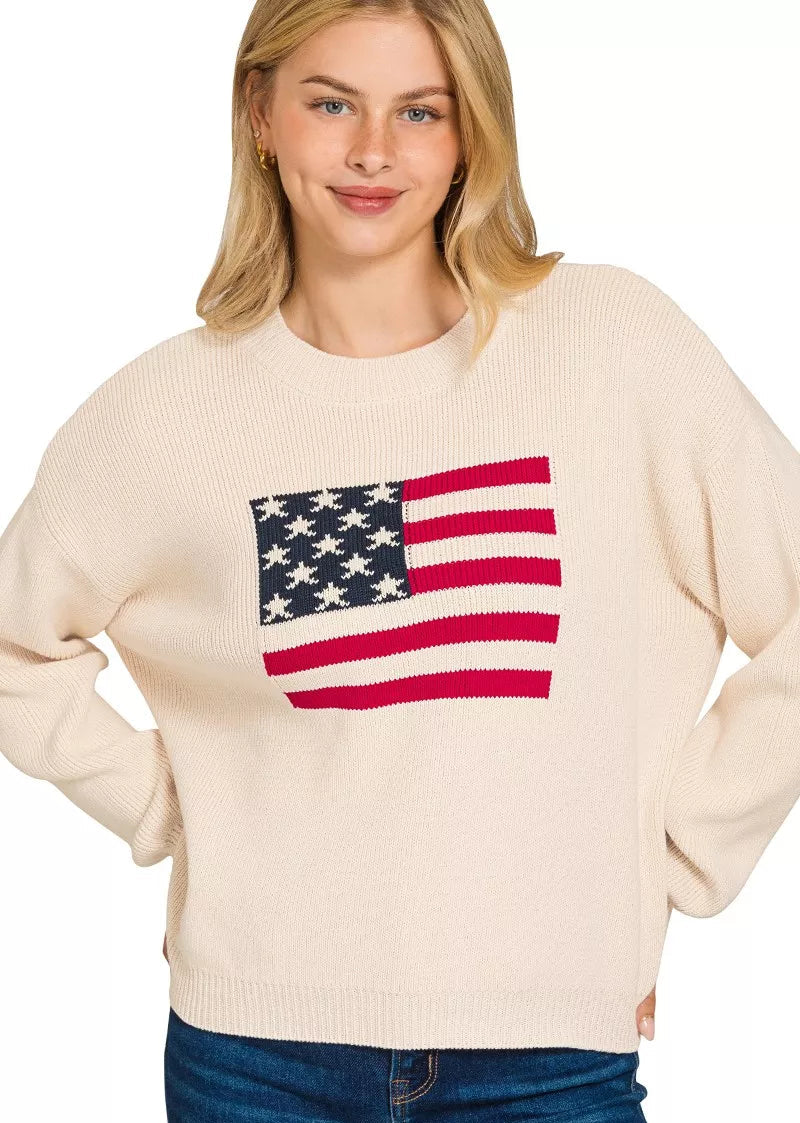 Zenana Womens Cotton Sweater Beige American Flag Crew Neck Pullover LT BEIGE Zenana_Womens_Cotton_Sweater_Beige_American_Flag_Crew_Neck_Pullover Trendsi