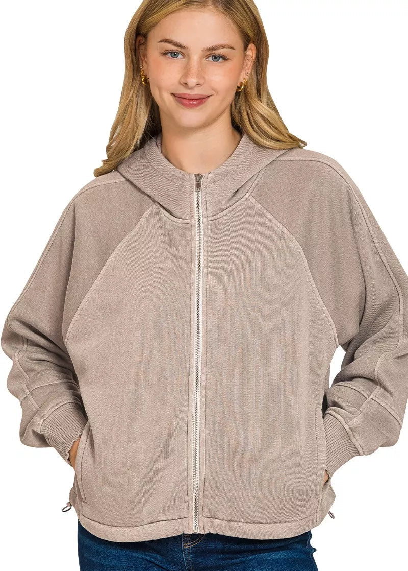 Zenana Womens Fleece Hoodie Ash Mocha Pigment Dye Zip Up with Pockets ASH MOCHA Zenana_Womens_Fleece_Hoodie_Ash_Mocha_Pigment_Dye_Zip_Up_with_Pockets Trendsi