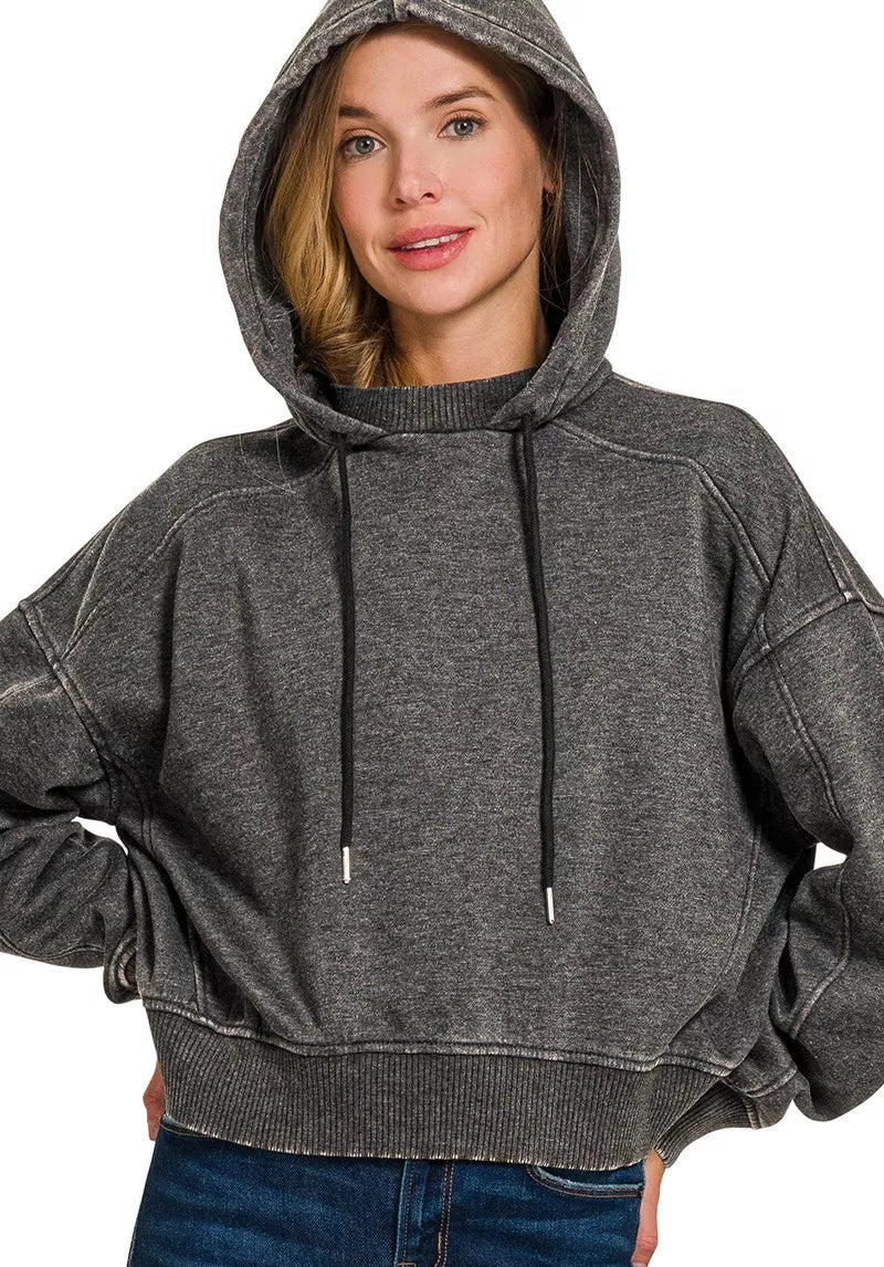 Zenana Womens Fleece Hoodie Black Acid Wash Ribbed BLACK Zenana_Womens_Fleece_Hoodie_Black_Acid_Wash_Ribbed Trendsi