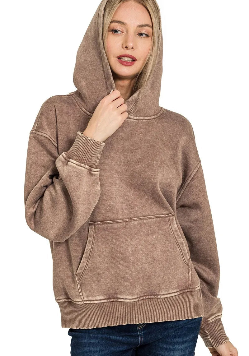Zenana Womens Fleece Hoodie Brown Acid Wash Kangaroo Pocket BROWN Zenana_Womens_Fleece_Hoodie_Brown_Acid_Wash_Kangaroo_Pocket Trendsi