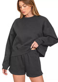 Zenana Womens Fleece Outfit Set Black Round Neck Sweatshirt and Shorts Black Zenana_Womens_Fleece_Outfit_Set_Black_Round_Neck_Sweatshirt_and_Shorts Trendsi