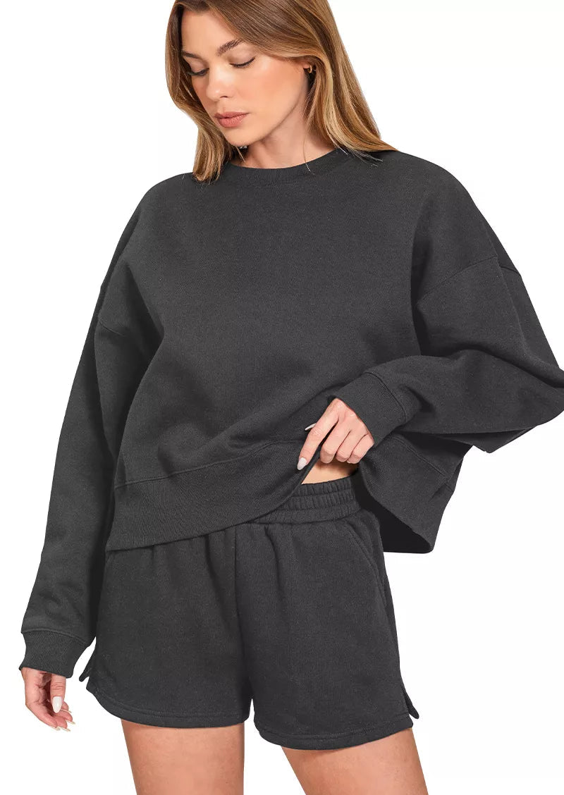 Zenana Womens Fleece Outfit Set Black Round Neck Sweatshirt and Shorts Black