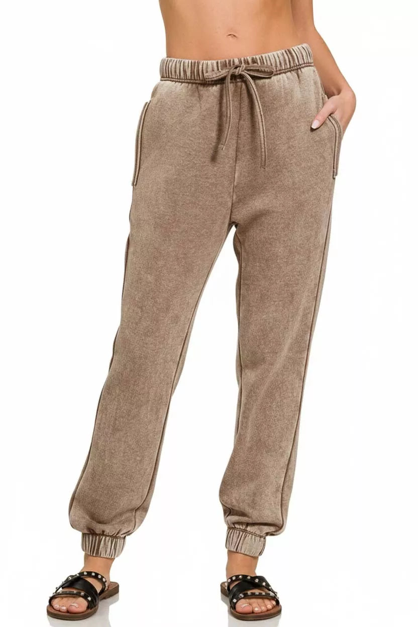 Zenana Womens Fleece Sweatpants Mocha Brown Acid Wash with Pockets MOCHA Zenana_Womens_Fleece_Sweatpants_Mocha_Brown_Acid_Wash_with_Pockets Trendsi