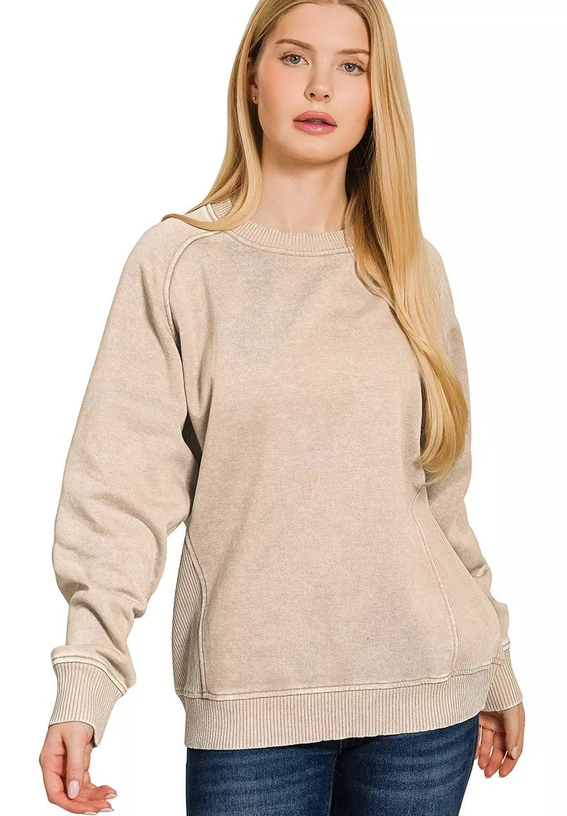 Zenana Womens Fleece Sweatshirt Ash Mocha Acid Washed with Side Rib ASH MOCHA Zenana_Womens_Fleece_Sweatshirt_Ash_Mocha_Acid_Washed_with_Side_Rib Trendsi
