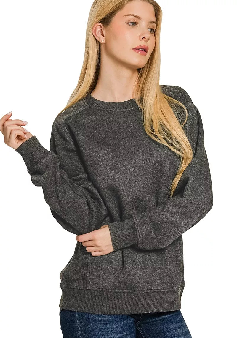 Zenana Womens Fleece Sweatshirt Black Acid Washed with Side Rib Top BLACK Zenana_Womens_Fleece_Sweatshirt_Black_Acid_Washed_with_Side_Rib_Top Trendsi