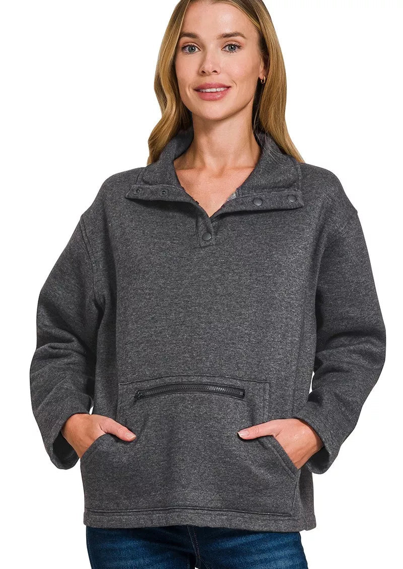 Zenana Womens Fleece Sweatshirt Black Washed High Neck Kangaroo Pocket BLACK Zenana_Womens_Fleece_Sweatshirt_Black_Washed_High_Neck_Kangaroo_Pocket Trendsi