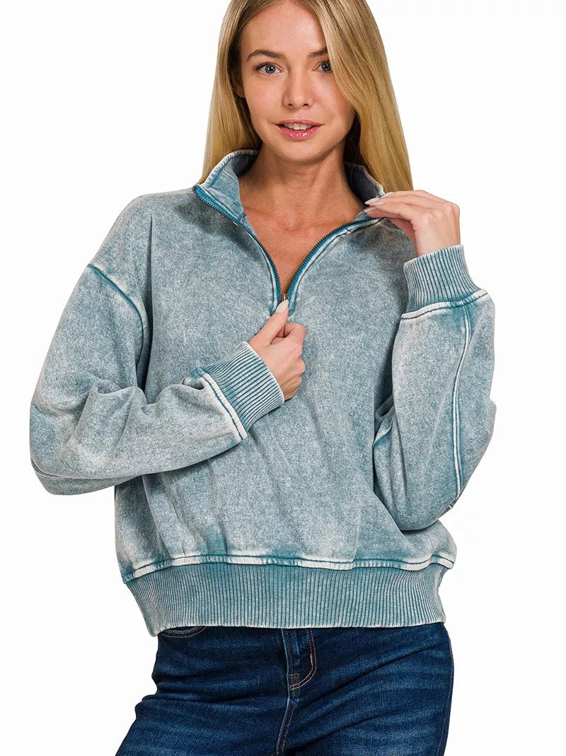 Zenana Womens Fleece Sweatshirt Blue Gary Acid Wash Half Zip Collared BLUE GREY