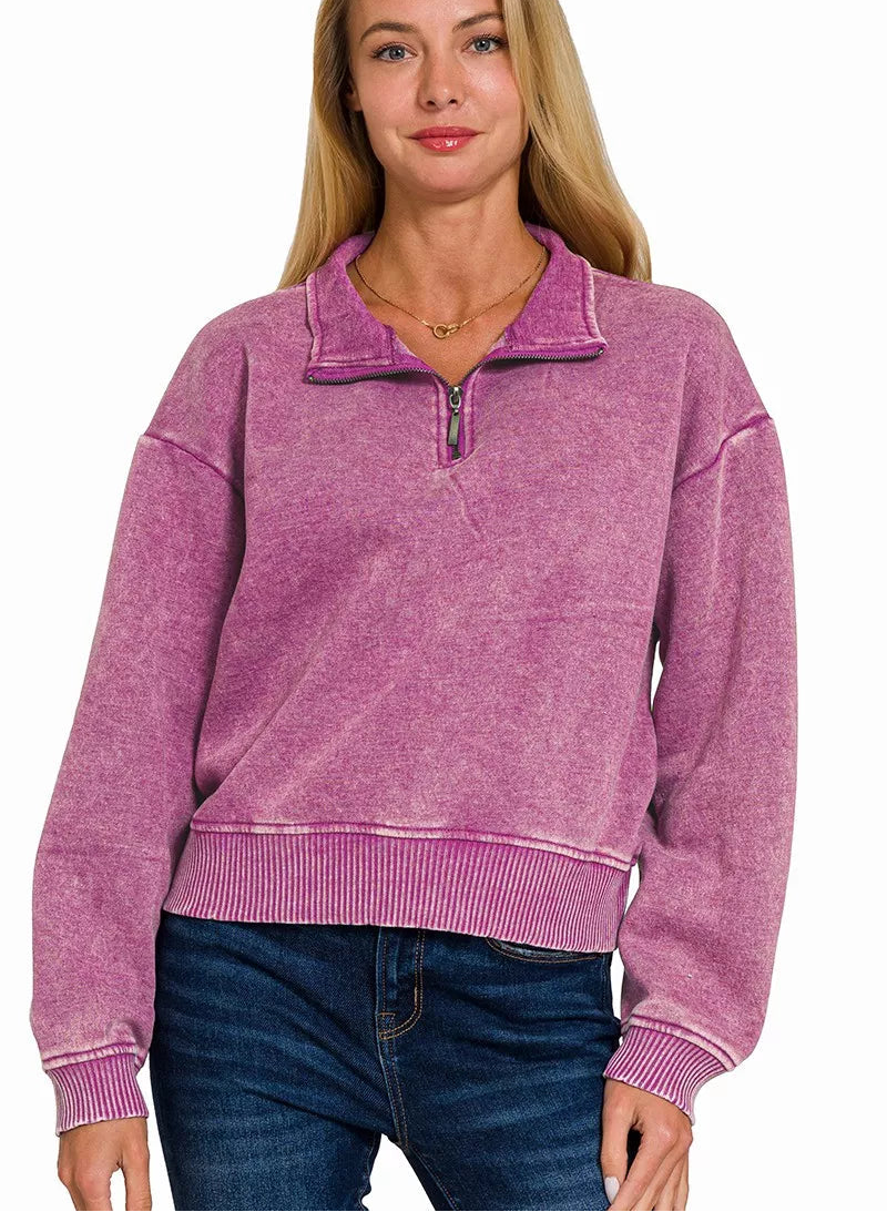 Zenana Womens Fleece Sweatshirt Light Plum Acid Wash Half Zip Top LT PLUM Zenana_Womens_Fleece_Sweatshirt_Light_Plum_Acid_Wash_Half_Zip_Top Trendsi