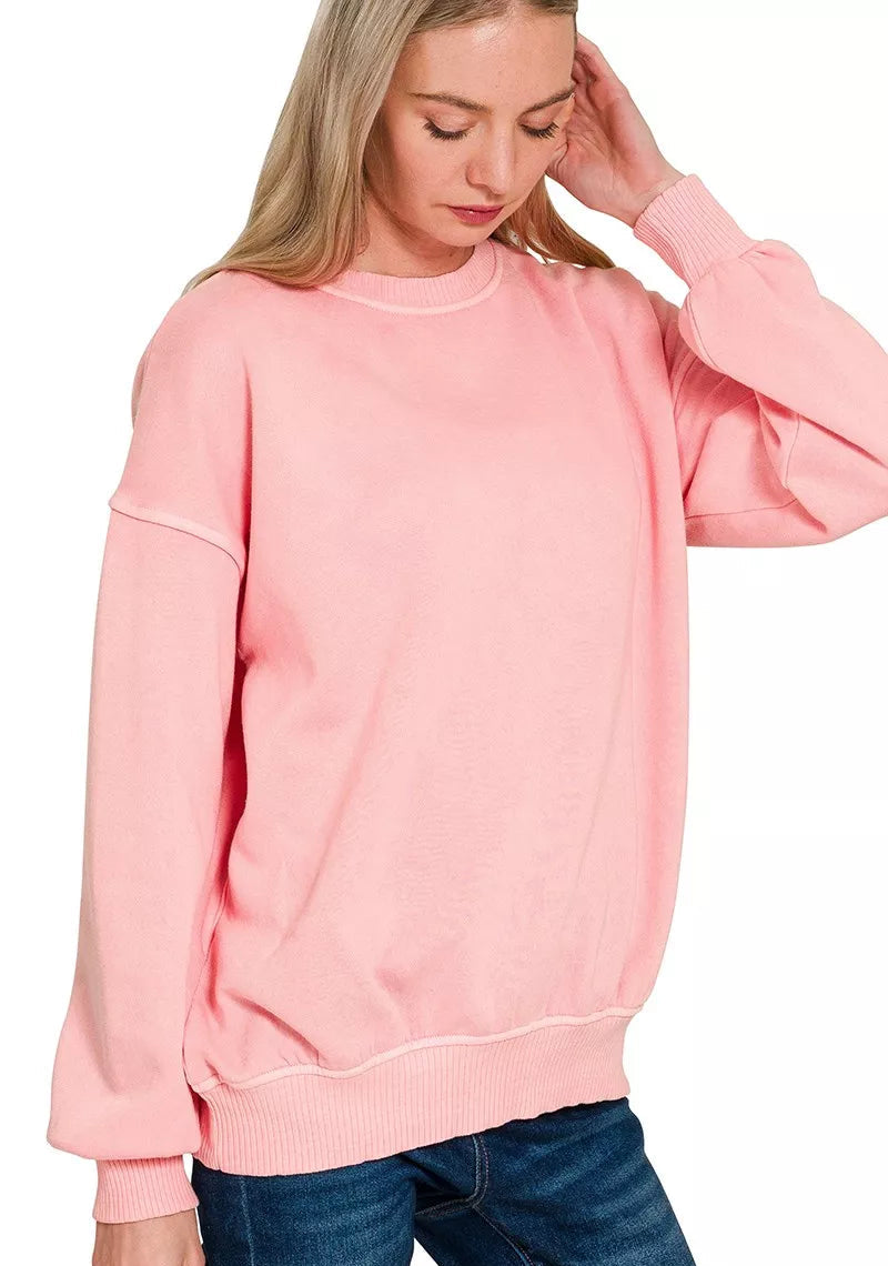 Zenana Womens Fleece Sweatshirt Pink Pigment Dye Oversized Top DK PINK Zenana_Womens_Fleece_Sweatshirt_Pink_Pigment_Dye_Oversized_Top Trendsi