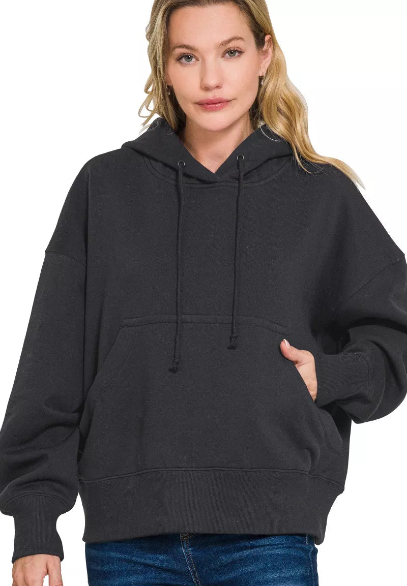 Zenana Womens Hoodie Black Oversized Fleece Kangaroo Pocket BLACK Zenana_Womens_Hoodie_Black_Oversized_Fleece_Kangaroo_Pocket Trendsi