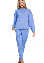 Zenana Womens Jogger Set Blue Scuba Half Zip Pullover and Pants CORNFLOWER BLUE Zenana_Womens_Jogger_Set_Blue_Scuba_Half_Zip_Pullover_and_Pants Trendsi