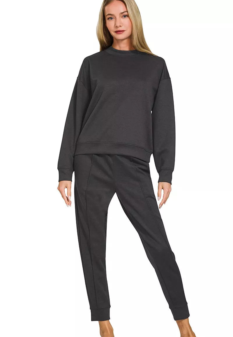 Zenana Womens Joggers Set Black Scuba Mock Neck Sweatshirt and Pants