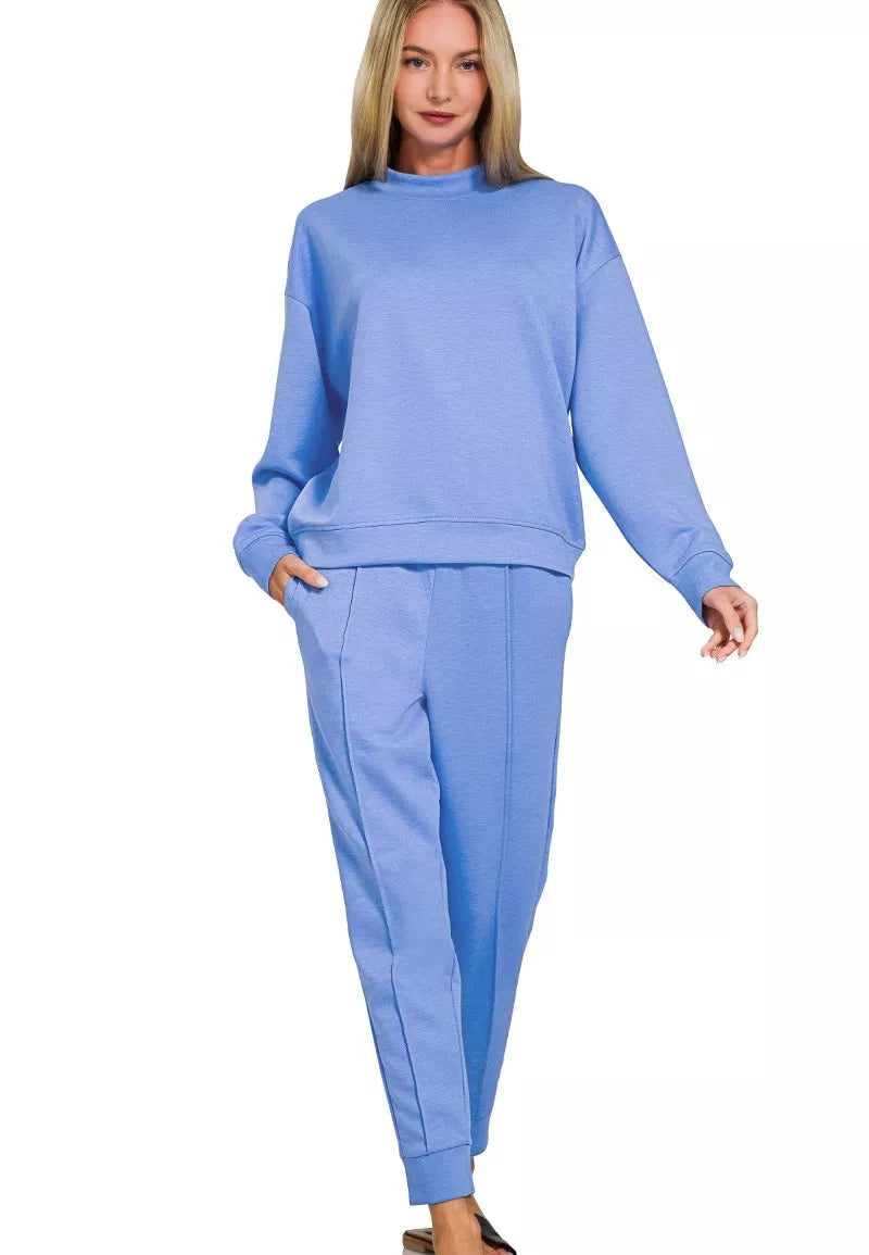 Zenana Womens Joggers Set Blue Scuba Mock Neck Sweatshirt and Pants CORNFLOWER BLUE