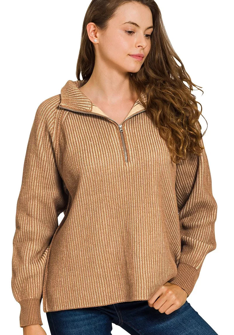 Zenana Womens Knit Sweater Camel Ribbed Two Tone Half Zip DEEP CAMEL LT MOCHA Zenana_Womens_Knit_Sweater_Camel_Ribbed_Two_Tone_Half_Zip Trendsi