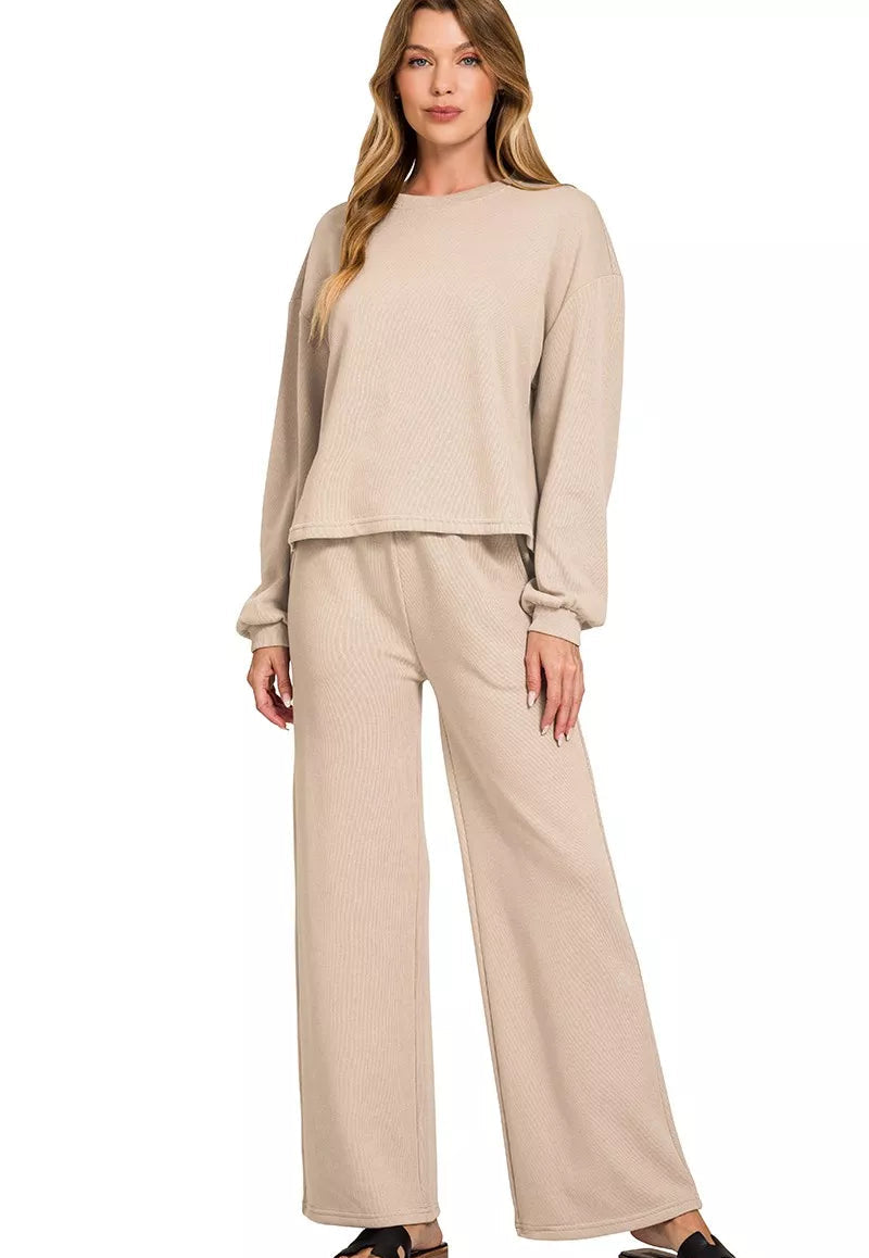 Zenana Womens Outfit Set Beige French Rib Pullover Long Sleeve and Pants BEIGE Zenana_Womens_Outfit_Set_Beige_French_Rib_Pullover_Long_Sleeve_and_Pants Trendsi