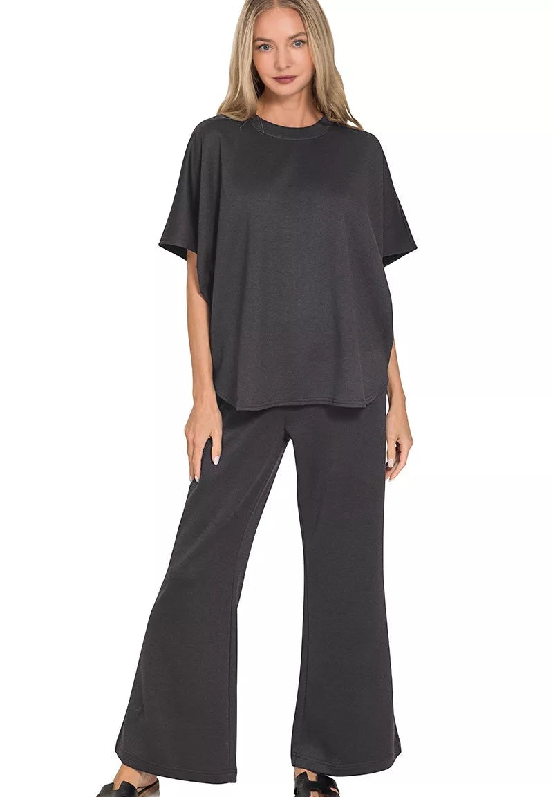 Zenana Womens Outfit Set Black Scuba Curbed Hem Short Sleeve Top & Pants BLACK Zenana_Womens_Outfit_Set_Black_Scuba_Curbed_Hem_Short_Sleeve_Top_Pants Trendsi