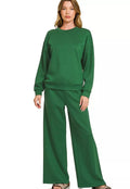 Zenana Womens Outfit Set Dark Green Scuba Crewneck Pullover and Pants DK GREEN Zenana_Womens_Outfit_Set_Dark_Green_Scuba_Crewneck_Pullover_and_Pants Trendsi