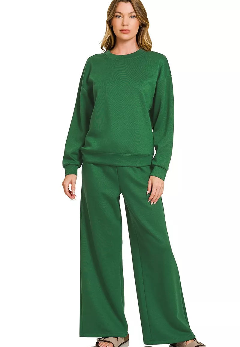 Zenana Womens Outfit Set Dark Green Scuba Crewneck Pullover and Pants DK GREEN