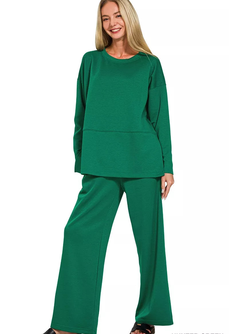 Zenana Womens Outfit Set Dark Green Scuba Side Slit Top and Pants HUNTER GREEN