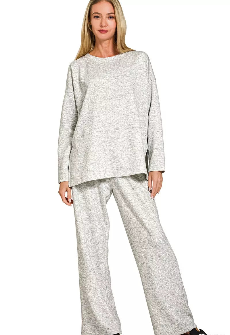 Zenana Womens Outfit Set Light Gray Scuba Side Slit Long Sleeve Top and Pants H GREY