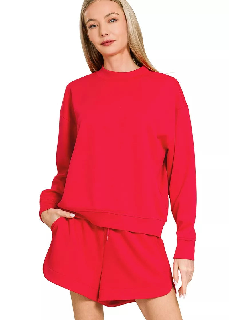 Zenana Womens Outfit Set Ruby Red Scuba Long Sleeve Sweatshirt and Shorts RUBY Zenana_Womens_Outfit_Set_Ruby_Red_Scuba_Long_Sleeve_Sweatshirt_and_Shorts Trendsi
