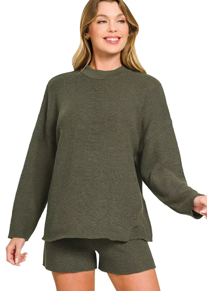 Zenana Womens Outfit Sweater Set Dark Olive Long Sleeve Knit Top and Shorts DK OLIVE Zenana_Womens_Outfit_Sweater_Set_Dark_Olive_Long_Sleeve_Knit_Top_and_Shorts Trendsi