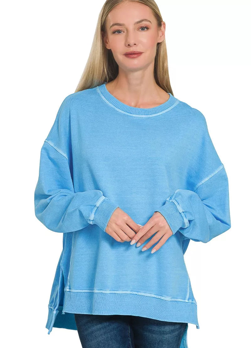 Zenana Womens Pullover Sky Blue French Terry Pigment Dye & Enzyme Washing DEEP SKY Zenana_Womens_Pullover_Sky_Blue_French_Terry_Pigment_Dye_Enzyme_Washing Trendsi