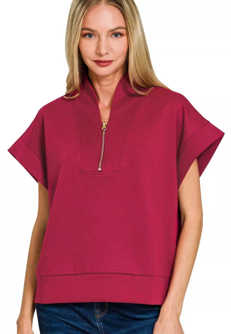 Zenana Womens Scuba Top Red High Neck Half Zip Short Sleeve CABERNET Zenana_Womens_Scuba_Top_Red_High_Neck_Half_Zip_Short_Sleeve Trendsi