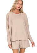 Zenana Womens Set Mocha Soft Melange Long Sleeve Top Tee and Shorts ASH MOCHA Zenana_Womens_Set_Mocha_Soft_Melange_Long_Sleeve_Top_Tee_and_Shorts Trendsi