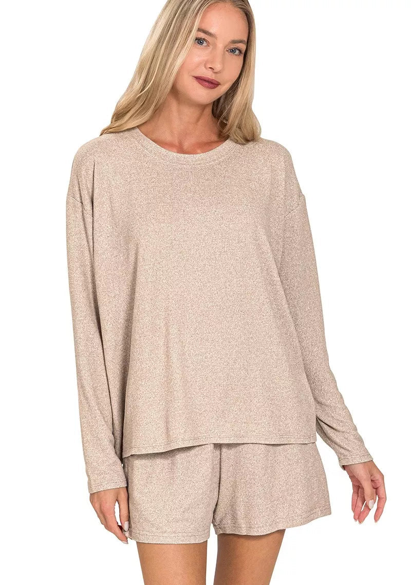 Zenana Womens Set Mocha Soft Melange Long Sleeve Top Tee and Shorts ASH MOCHA
