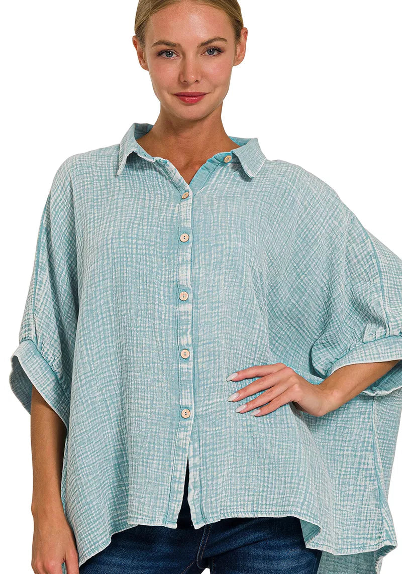 Zenana Womens Shirt Teal Washed Double Gauze Half Sleeve Top DUSTY TEAL Zenana_Womens_Shirt_Teal_Washed_Double_Gauze_Half_Sleeve_Top Trendsi
