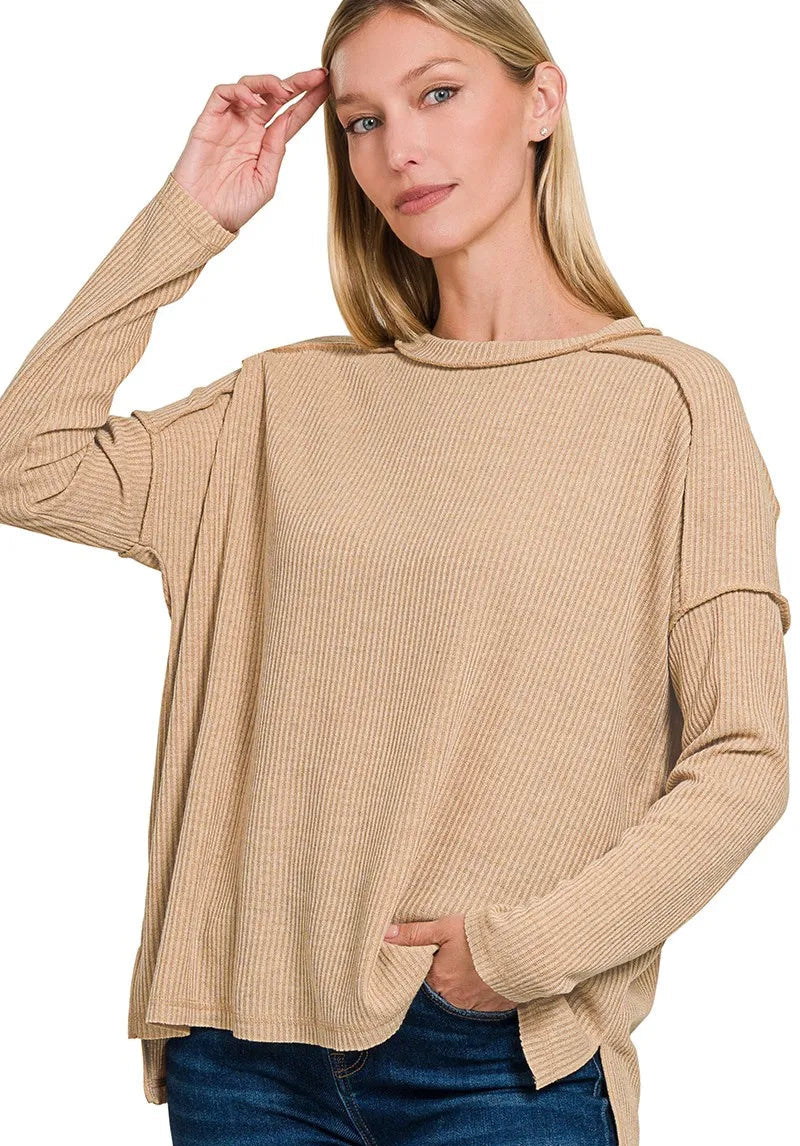 Zenana Womens Sweater Beige Ribbed Drop Shoulder Round Neck Oversized BEIGE Zenana_Womens_Sweater_Beige_Ribbed_Drop_Shoulder_Round_Neck_Oversized Trendsi