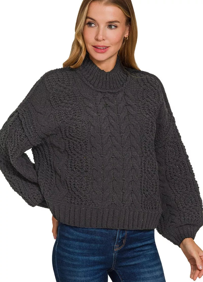 Zenana Womens Sweater Black Cable-Knit Ribbed Turtleneck Pullover BLACK