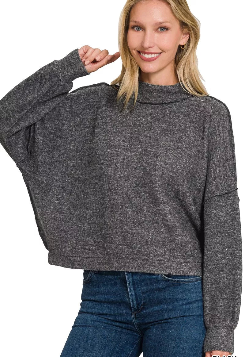 Zenana Womens Sweater Black Cropped Brushed Melange Hacci Top Zenana_Womens_Sweater_Black_Cropped_Brushed_Melange_Hacci_Top Trendsi