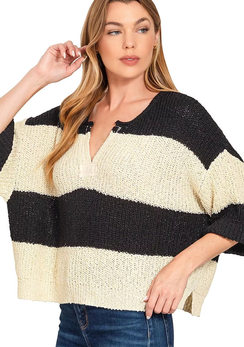 Zenana Womens Sweater Black Stripe Split Neck Oversized Knit Top Short Sleeve BLACK Zenana_Womens_Sweater_Black_Stripe_Split_Neck_Oversized_Knit_Top_Short_Sleeve Trendsi
