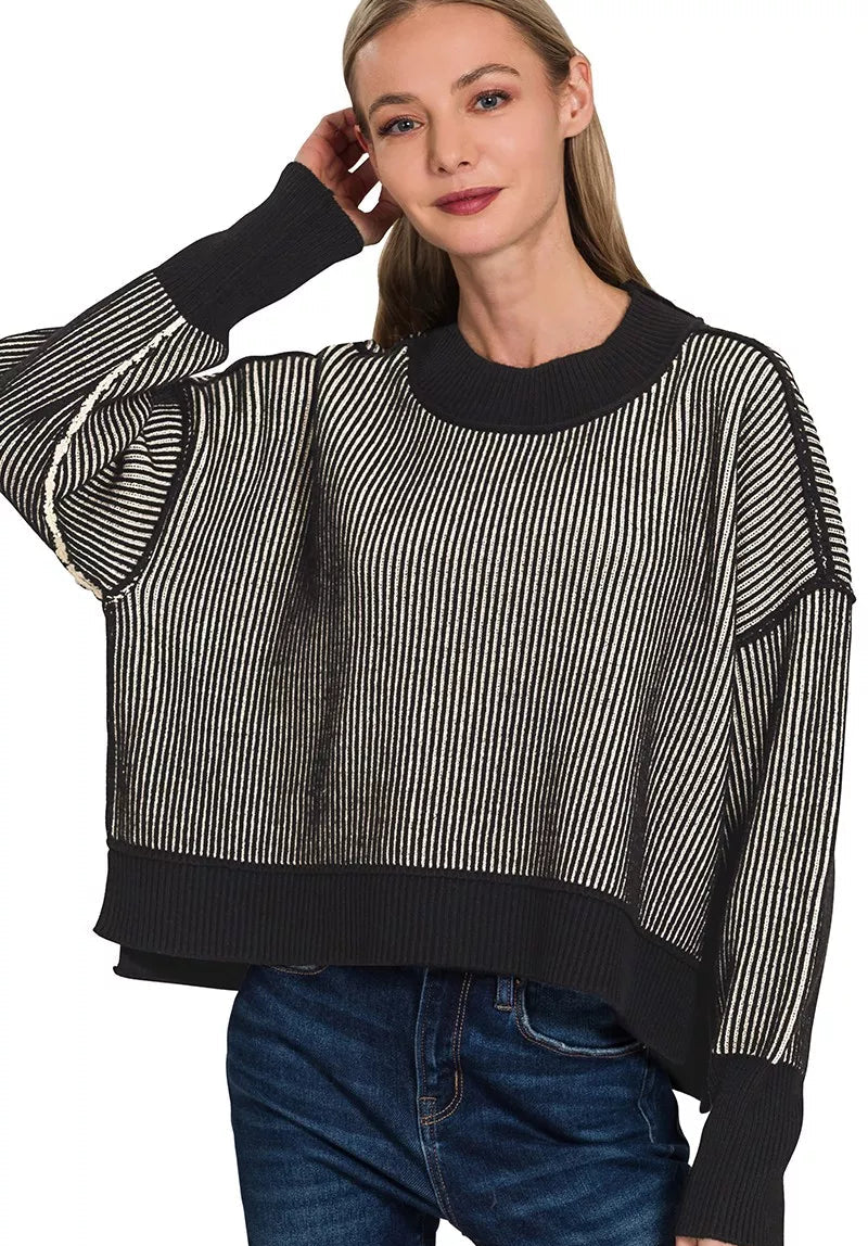 Zenana Womens Sweater Black Two Tone Oversized Ribbed Exposed Seam BLACK Zenana_Womens_Sweater_Black_Two_Tone_Oversized_Ribbed_Exposed_Seam Trendsi