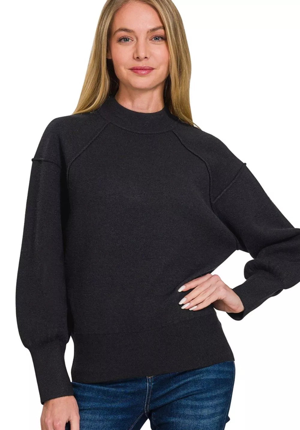 Zenana Womens Sweater Black Viscose Mock Neck Exposed Seam BLACK Zenana_Womens_Sweater_Black_Viscose_Mock_Neck_Exposed_Seam Trendsi