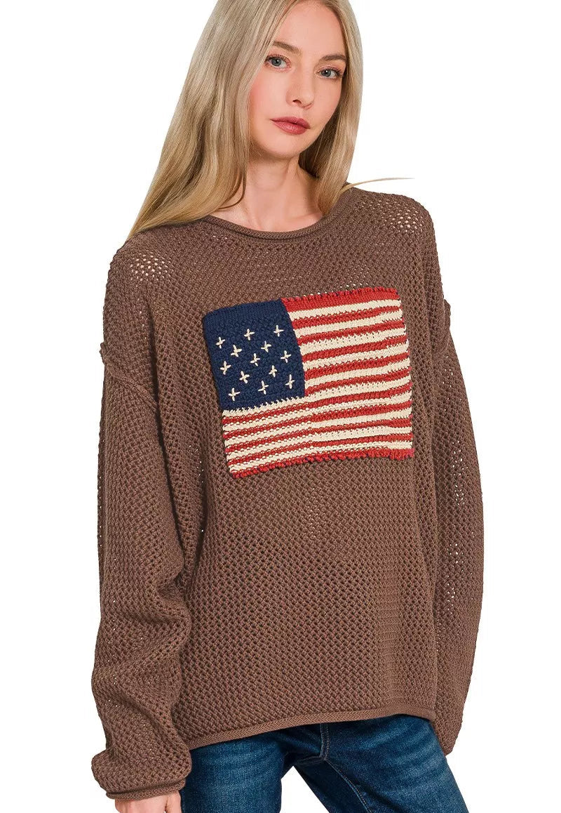 Zenana Womens Sweater Brown American Flag Crew Neck Open Knit Top BROWN Zenana_Womens_Sweater_Brown_American_Flag_Crew_Neck_Open_Knit_Top Trendsi