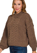Zenana Womens Sweater Brown Cable-Knit Ribbed Turtleneck Pullover BROWN Zenana_Womens_Sweater_Brown_Cable-Knit_Ribbed_Turtleneck_Pullover Trendsi