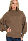Zenana Womens Sweater Brown Knit Balloon Sleeve Mock Neck Pullover BROWN Zenana_Womens_Sweater_Brown_Knit_Balloon_Sleeve_Mock_Neck_Pullover Trendsi