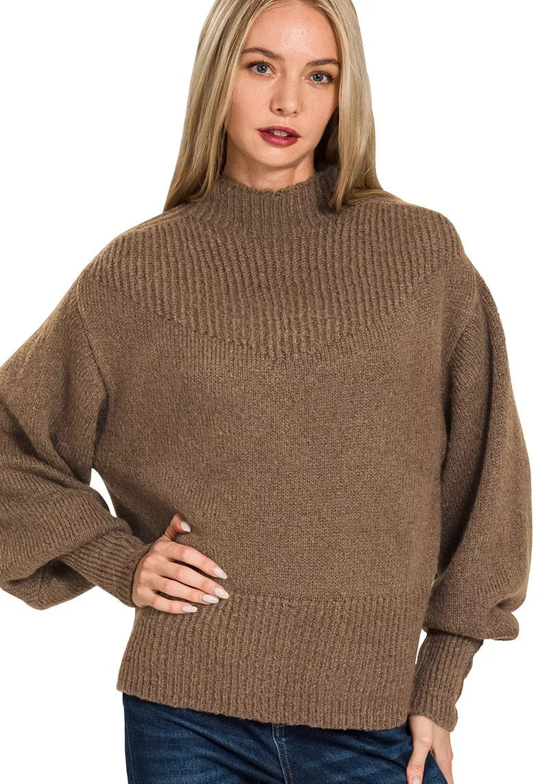Zenana Womens Sweater Brown Knit Balloon Sleeve Mock Neck Pullover BROWN