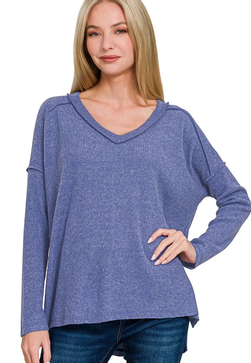 Zenana Womens Sweater Brushed Ribbed Hacci Drop Shoulder V-Neck Plus Sizes MARLIN