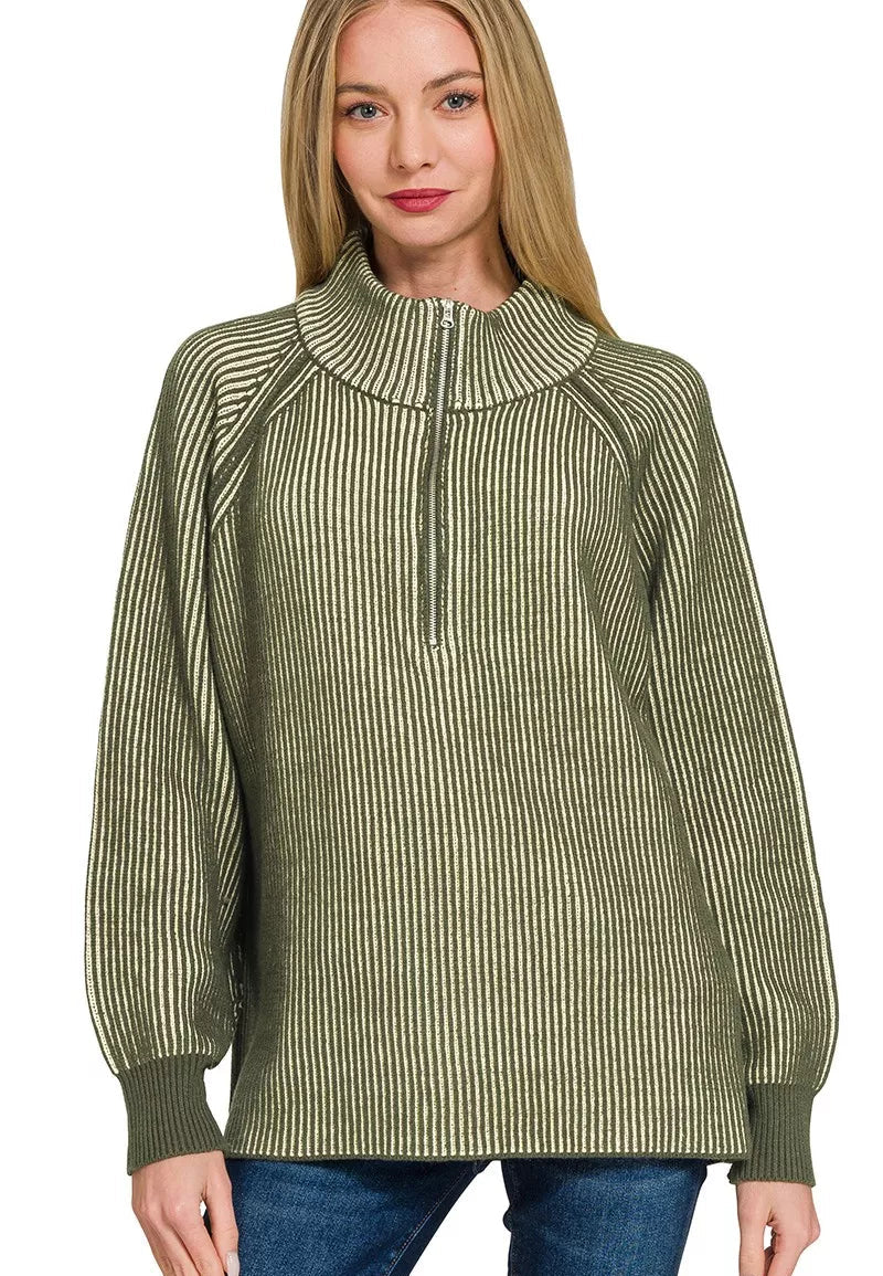 Zenana Womens Sweater Dark Olive Ribbed Two Tone Half Zip DK OLIVE Zenana_Womens_Sweater_Dark_Olive_Ribbed_Two_Tone_Half_Zip Trendsi