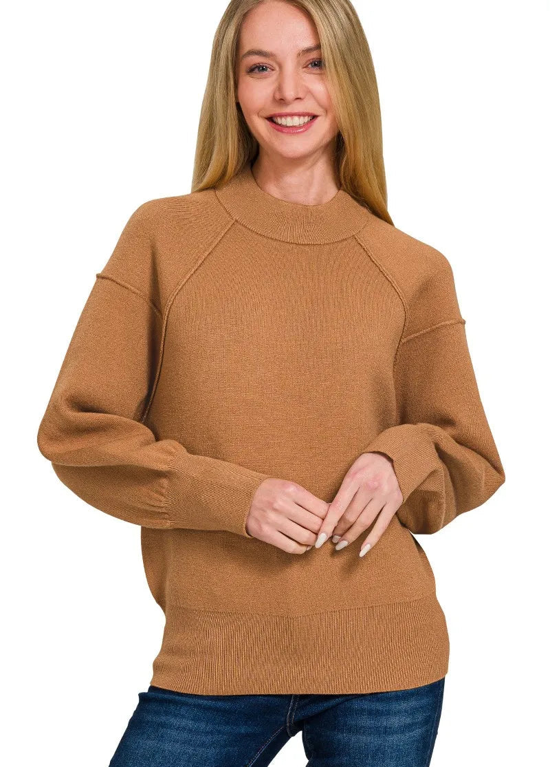 Zenana Womens Sweater Deep Camel Viscose Mock Neck Exposed Seam DEEP CAMEL Zenana_Womens_Sweater_Deep_Camel_Viscose_Mock_Neck_Exposed_Seam Trendsi