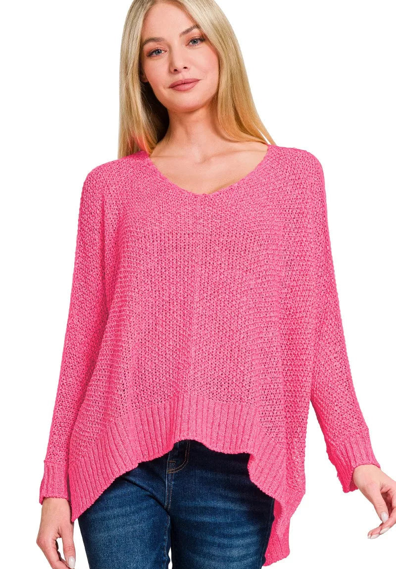 Zenana Womens Sweater Fucshia Pink Dolman Sleeve V-Neck Knit Top FUCHSIA Zenana_Womens_Sweater_Fucshia_Pink_Dolman_Sleeve_V-Neck_Knit_Top Trendsi