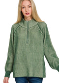 Zenana Womens Sweater Green Ribbed Two Tone Half Zip DK GREEN Zenana_Womens_Sweater_Green_Ribbed_Two_Tone_Half_Zip Trendsi