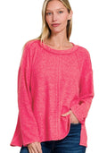 Zenana Womens Sweater Hot Pink Brushed Hacci Exposed Seam Hi Low Top HOT PINK Zenana_Womens_Sweater_Hot_Pink_Brushed_Hacci_Exposed_Seam_Hi_Low_Top Trendsi