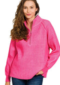 Zenana Womens Sweater Hot Pink Ribbed Two Tone Half Zip High Neck HOT PINK CANDY PINK Zenana_Womens_Sweater_Hot_Pink_Ribbed_Two_Tone_Half_Zip_High_Neck Trendsi