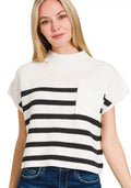 Zenana Womens Sweater Ivory Stripe Short Sleeve Ribbed Pullover with Pocket IVORY Zenana_Womens_Sweater_Ivory_Stripe_Short_Sleeve_Ribbed_Pullover_with_Pocket Trendsi