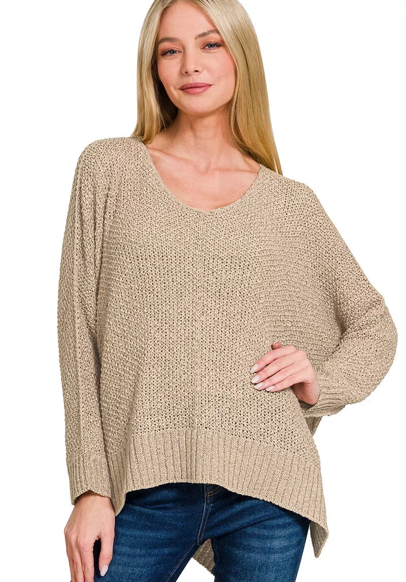 Zenana Womens Sweater Light Mocha Dolman Sleeve V-Neck LT MOCHA Zenana_Womens_Sweater_Light_Mocha_Dolman_Sleeve_V-Neck Trendsi